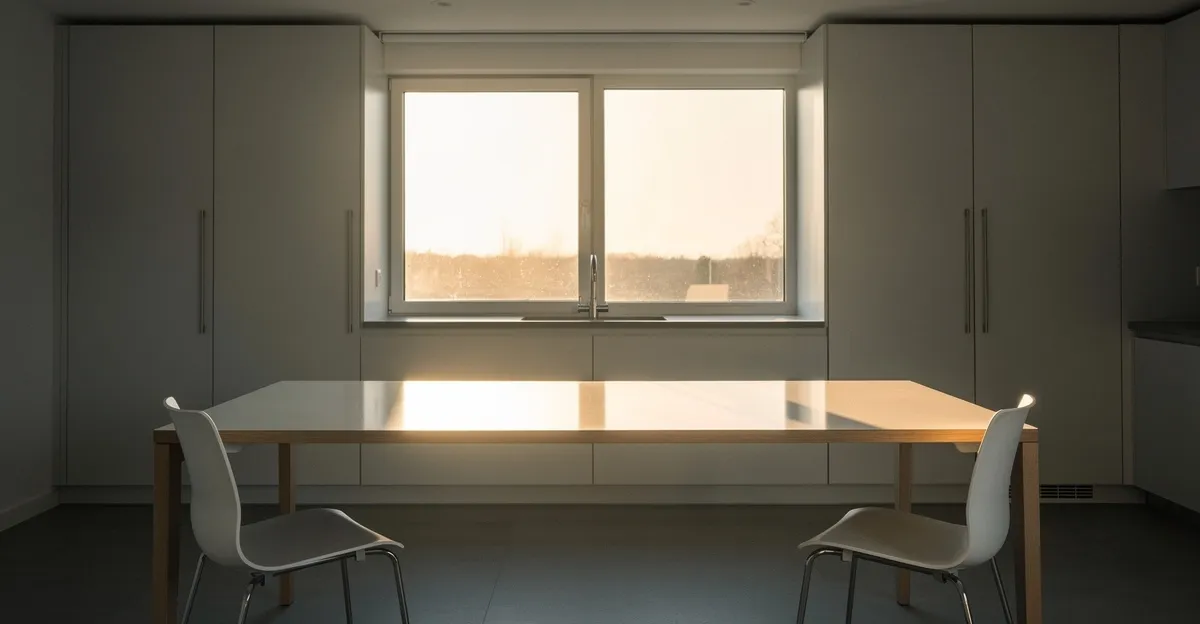 Two empty chairs at opposite ends of a long kitchen table, late afternoon light through a window between them