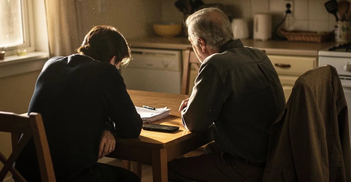 Adult siblings talking quietly at a kitchen table in late afternoon light, papers and a phone between them, their mother's coat on a chair