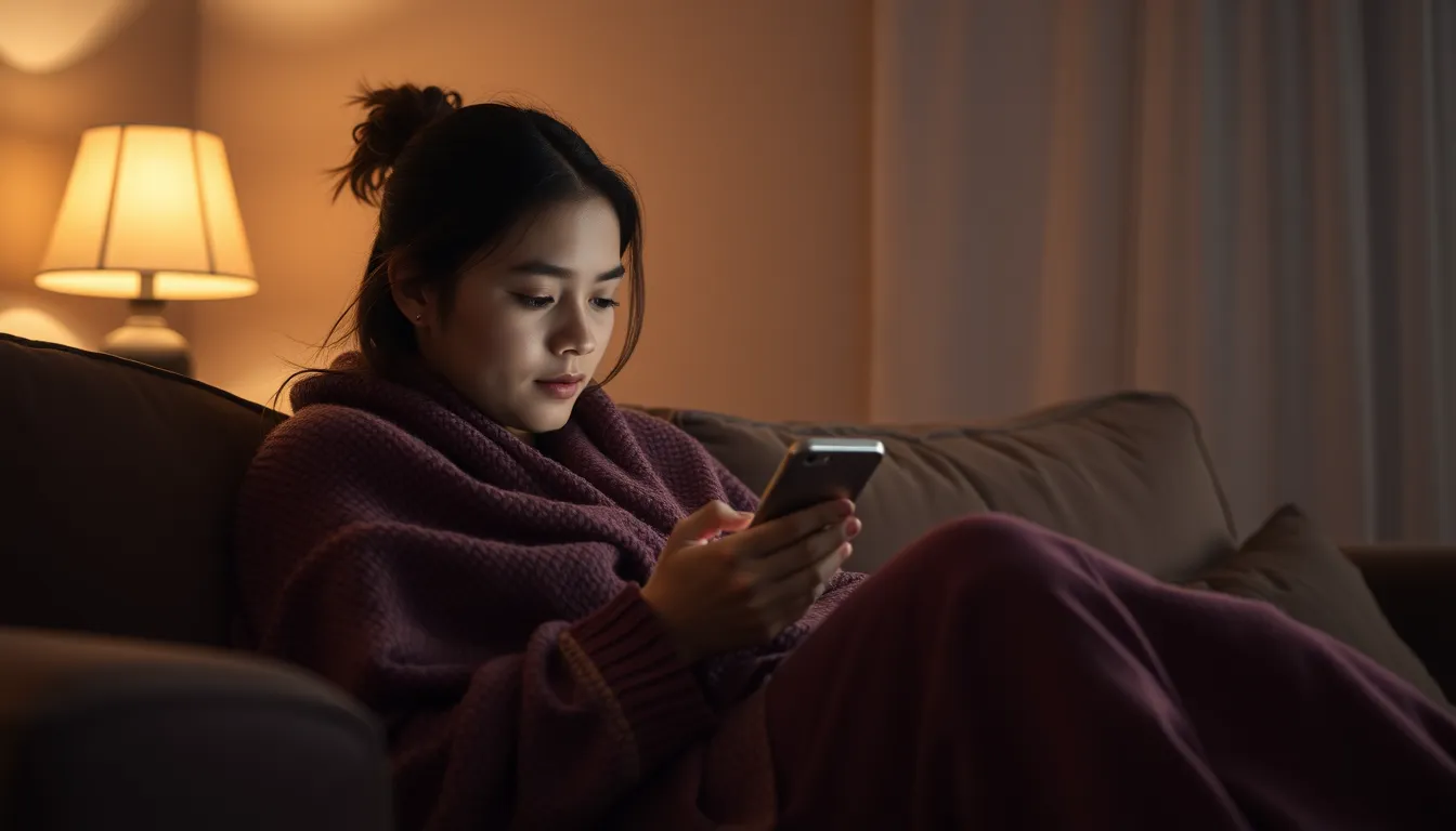 A person wrapped in a blanket on a couch at night, texting in warm lamp light