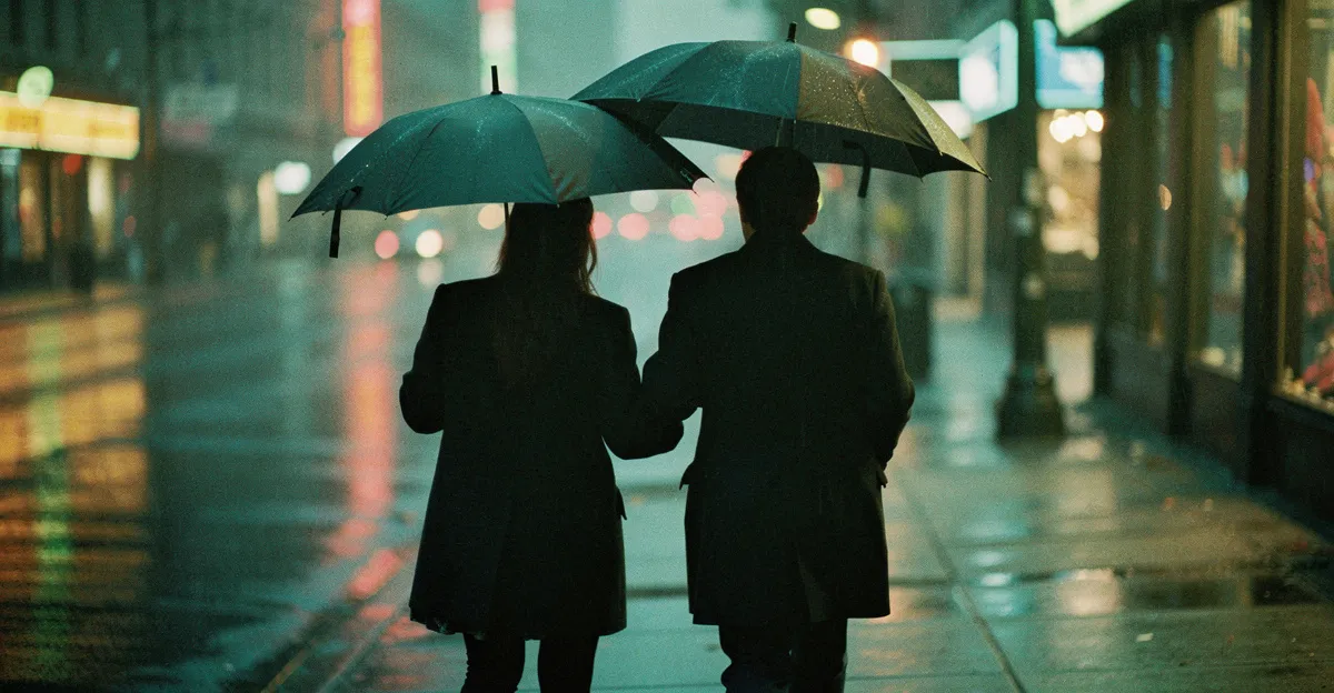 A couple walking apart under separate umbrellas on a rainy neon-lit street at night, one half a step ahead