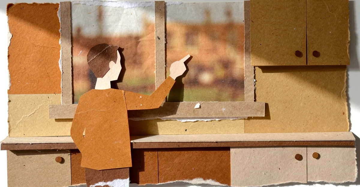 Paper collage of two figures at a kitchen window, one pointing outside, cut from layered warm papers