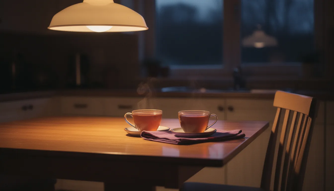 Two cups of tea on a kitchen table in the evening, one chair pulled out and waiting
