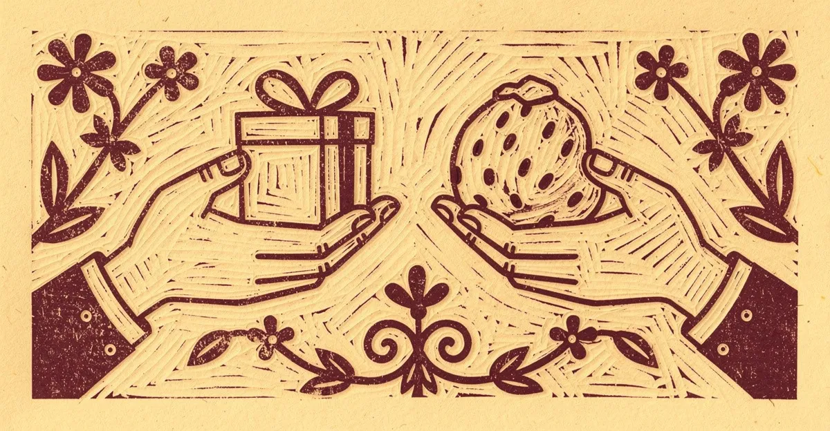 Linocut print of two hands offering each other differently shaped gifts, cream and plum two-tone