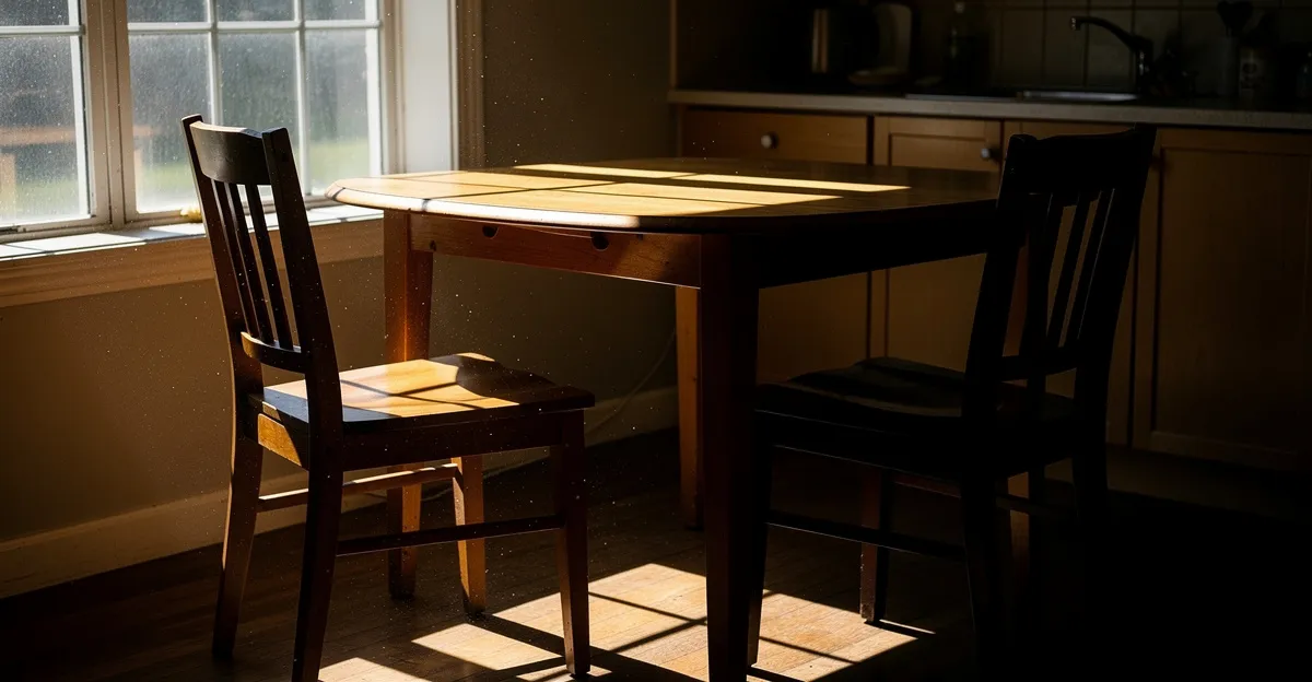 Two empty chairs at a sunlit kitchen table, one pulled close to the window light, the other pushed back into shadow