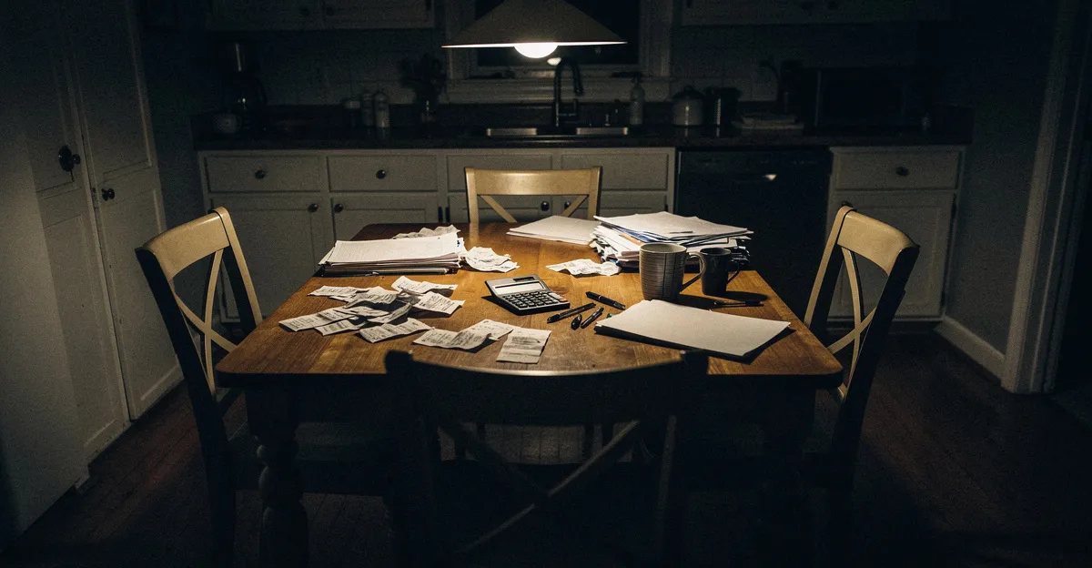 A kitchen table at night under a single lamp, spread with bills, receipts, and a calculator, two chairs pushed back