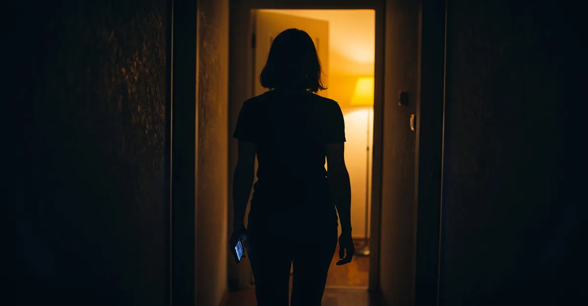 Cinematic photograph of an adult daughter pausing in a dim hallway after a phone call, warm lamplight spilling from a doorway behind her