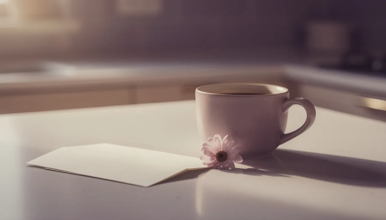 A handwritten note leaning against a coffee cup on a kitchen counter in morning light