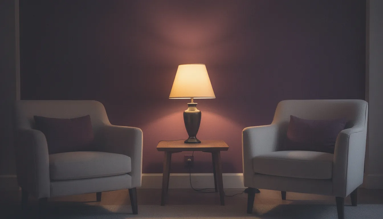 A single lit lamp on a table between two empty chairs in a dim living room
