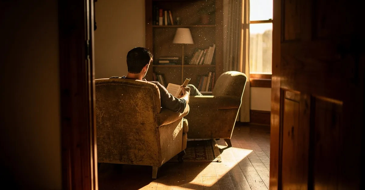 A man reading in an armchair by a golden-hour window, seen from behind through a doorway, an empty chair angled toward him