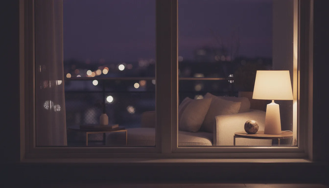 A window at night reflecting a warm interior, city lights blurred beyond the glass