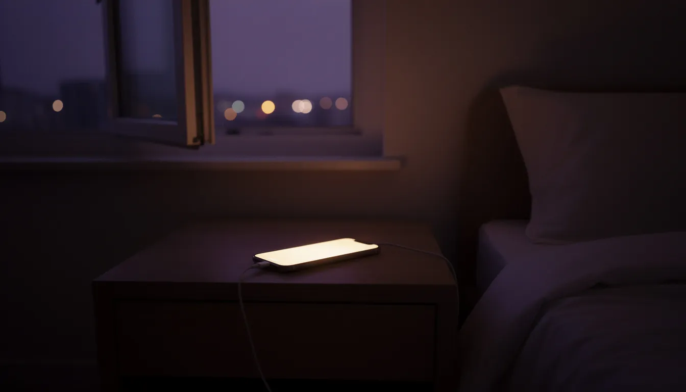 A phone glowing on a nightstand in a dark bedroom, charger cable trailing