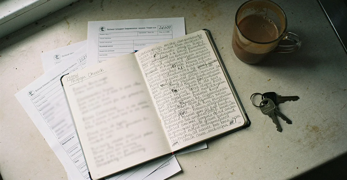 A kitchen counter from above: an open planner full of notes, school forms, keys, and a cold coffee in soft morning light