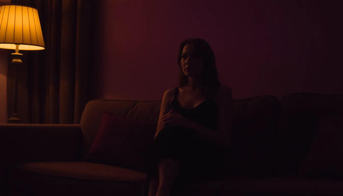 A woman sitting alone on a couch at night with warm amber light, an empty cushion beside her