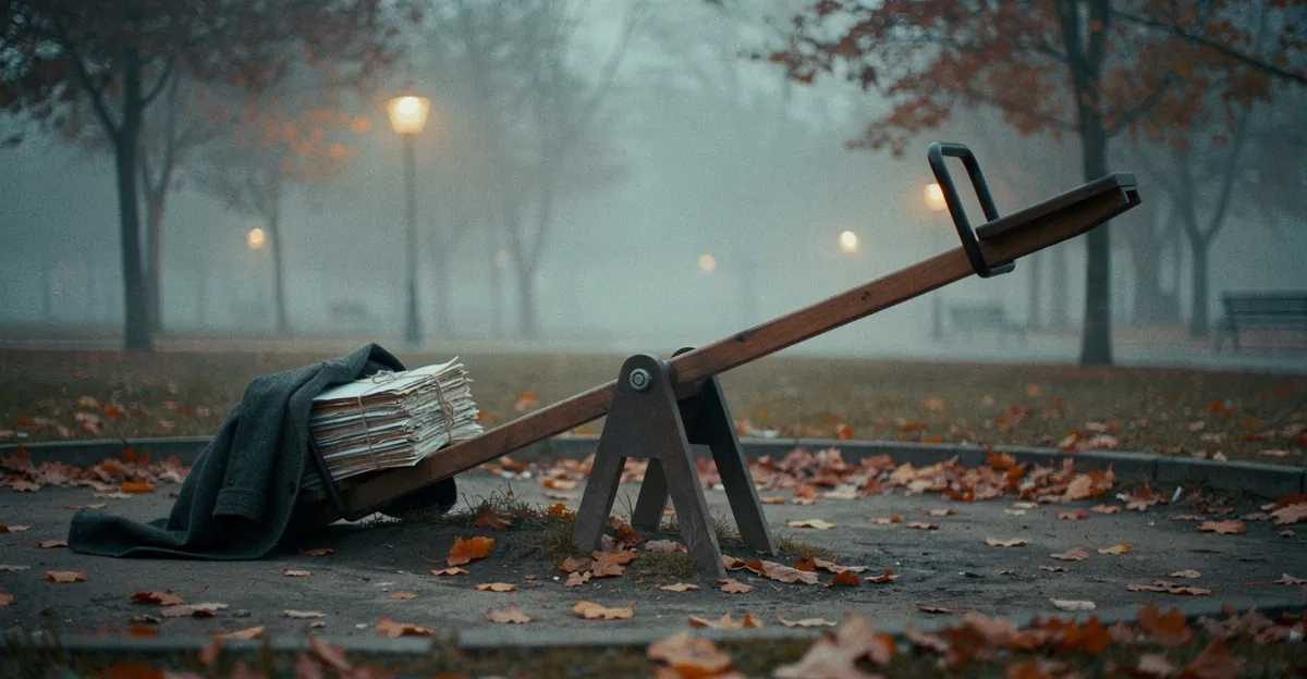 A seesaw in a foggy autumn park at dusk, one end weighed down by a stack of letters and a coat, the other high and empty