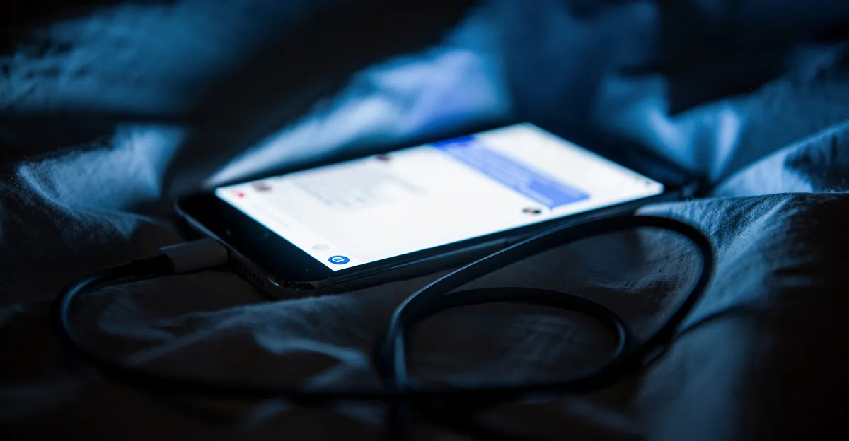 A phone glowing face up on rumpled bedsheets at 1am, charger cable coiled beside it in deep blue night light