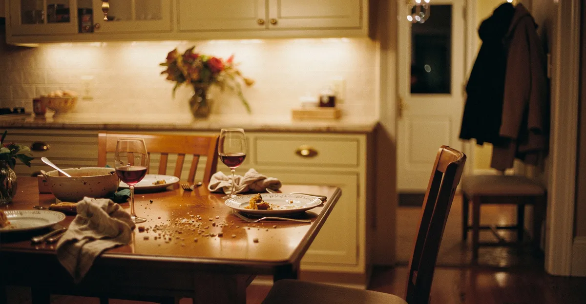 A dinner table after the meal in low amber lamplight, one chair pushed back, a couple pausing in the hallway doorway before saying goodnight