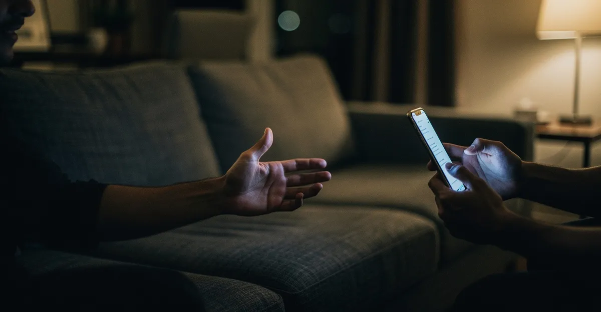 A dim living room at night: one hand reaching across the sofa toward a partner lit by a cold phone screen