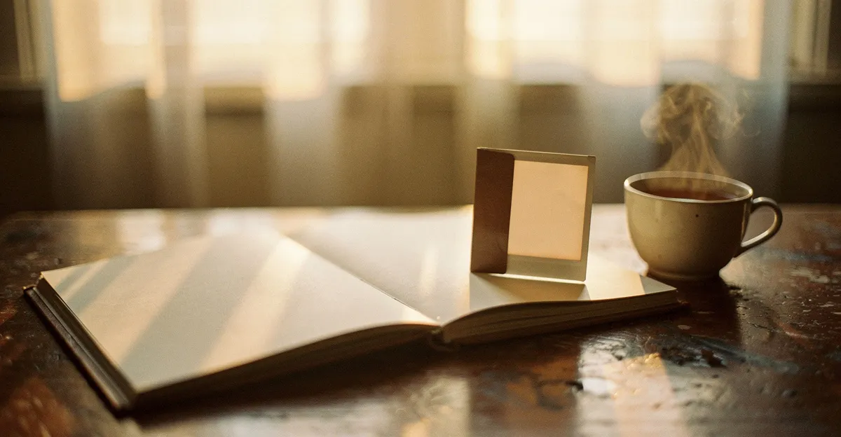 An open photo album on a wooden table at dusk, one photograph half pulled out, a cup of tea beside it
