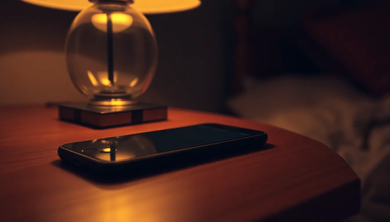 A phone lying face down on a bedside table in warm lamp light