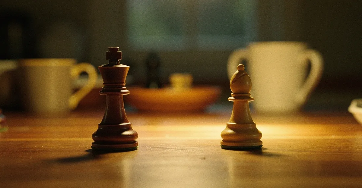 Two chess kings facing each other across a kitchen table in warm evening lamplight