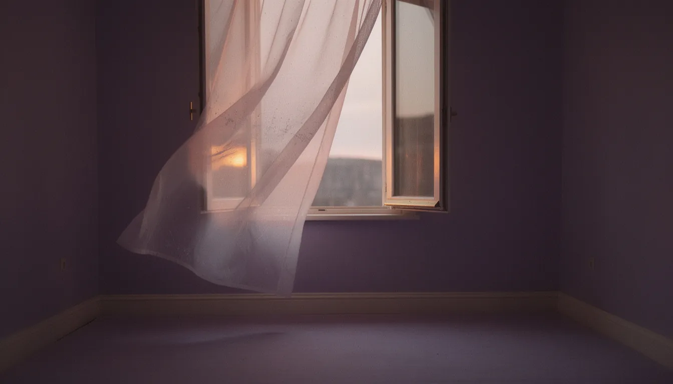 An open window with a curtain moving in the breeze, a quiet room in soft daylight