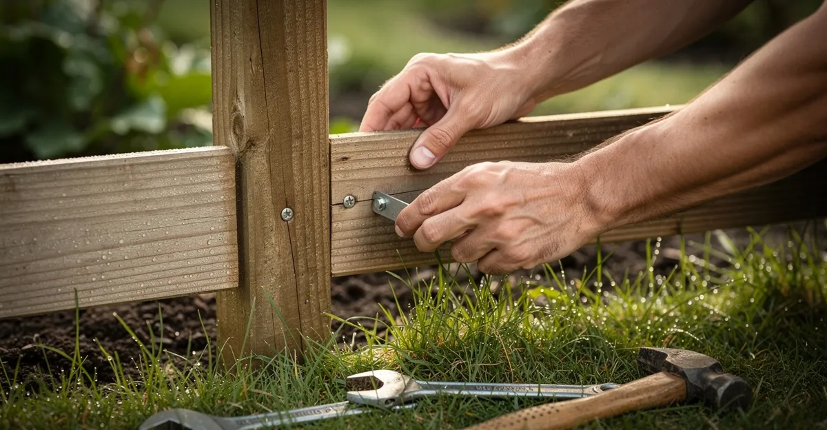 Two people's hands repairing a garden fence together in soft morning light, tools resting on dewy grass