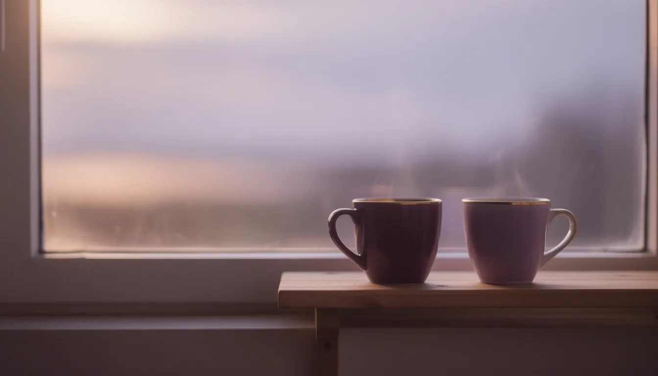 Two mugs side by side on a windowsill at dawn, steam rising into soft light