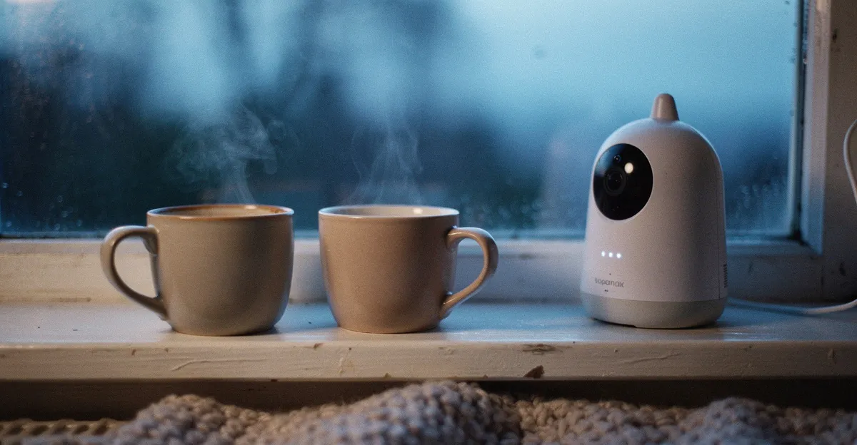 Two mugs of coffee steaming on a windowsill next to a baby monitor in muted blue dawn light
