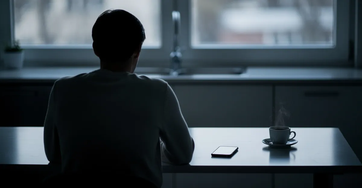 A parent sits alone at a kitchen table in early morning light, a phone face up beside an untouched cup of coffee