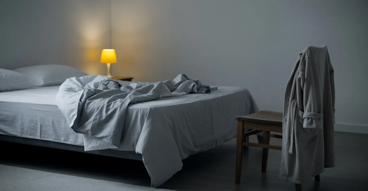 A bedroom in gray morning light, the bed made on one side only, a dressing gown over a chair