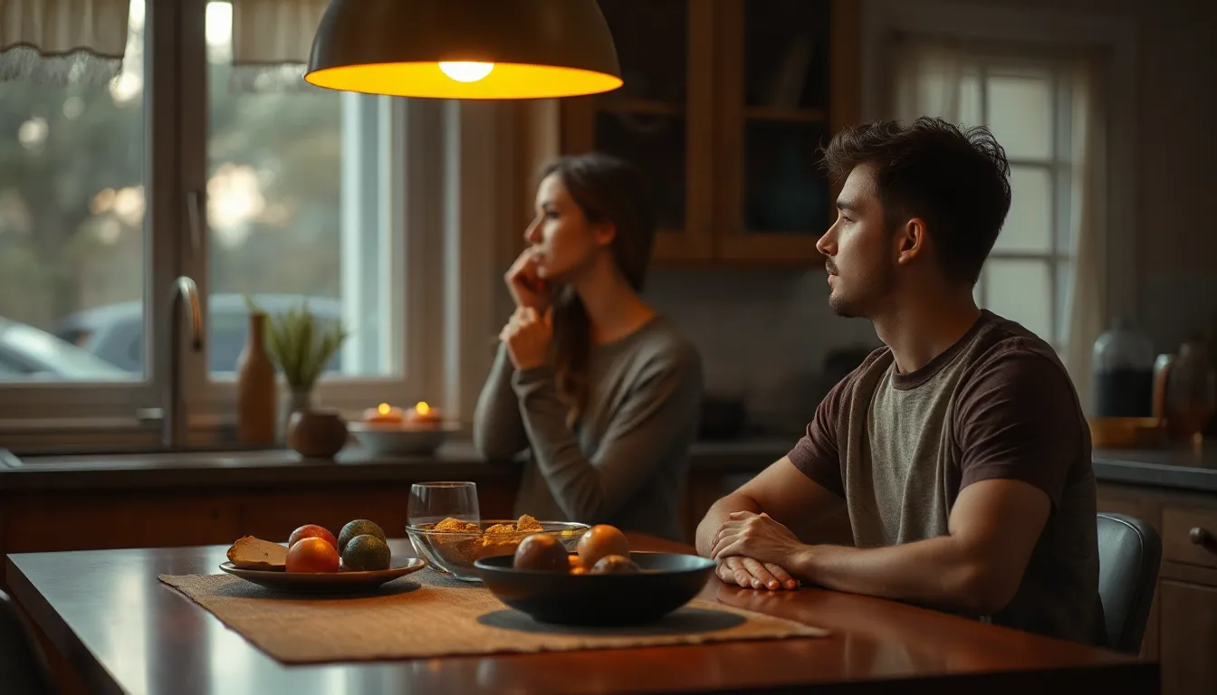 A couple sitting apart at a kitchen table in the evening, the same argument hanging in the air