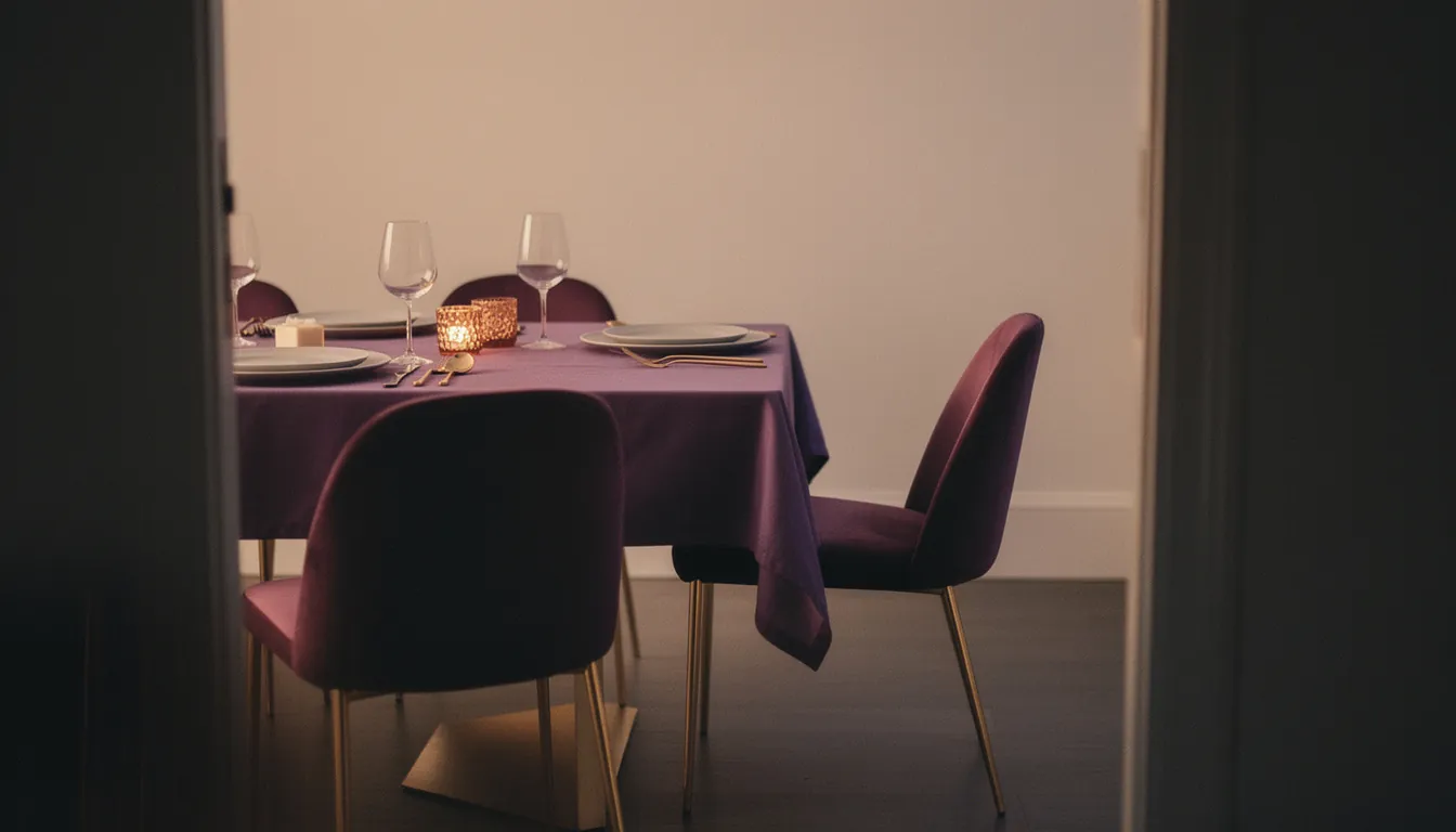 A dining table set for guests, evening light through a doorway, two chairs closest together