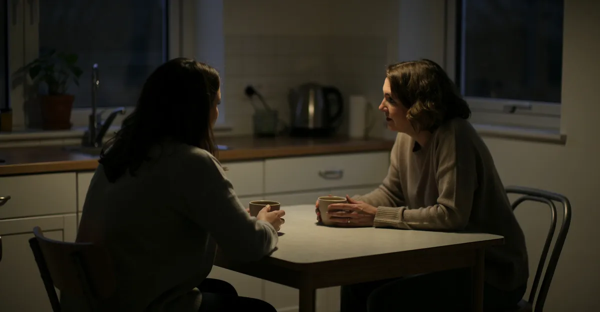An adult daughter and her mother sit at a kitchen table in low evening light, coffee cups between them, mid conversation
