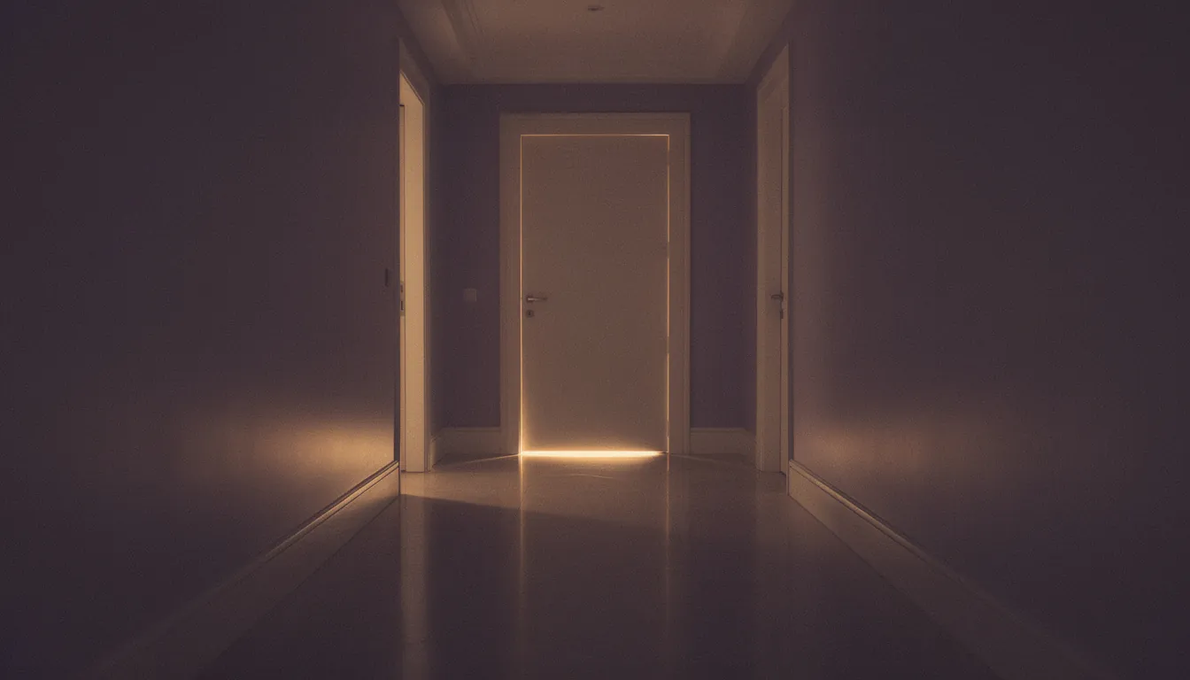 A hallway at dusk with light under a closed door at the far end