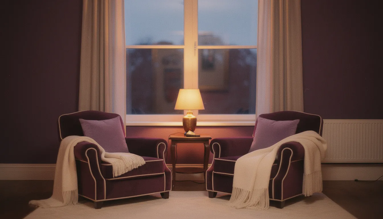 Two armchairs side by side facing a window, a lamp glowing between them in the evening