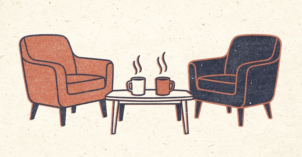 Risograph print in red and blue of two armchairs facing each other with steaming mugs