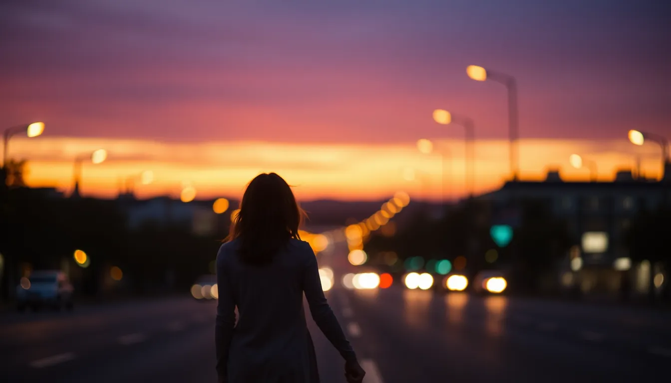 A person walking at dusk toward warm city lights