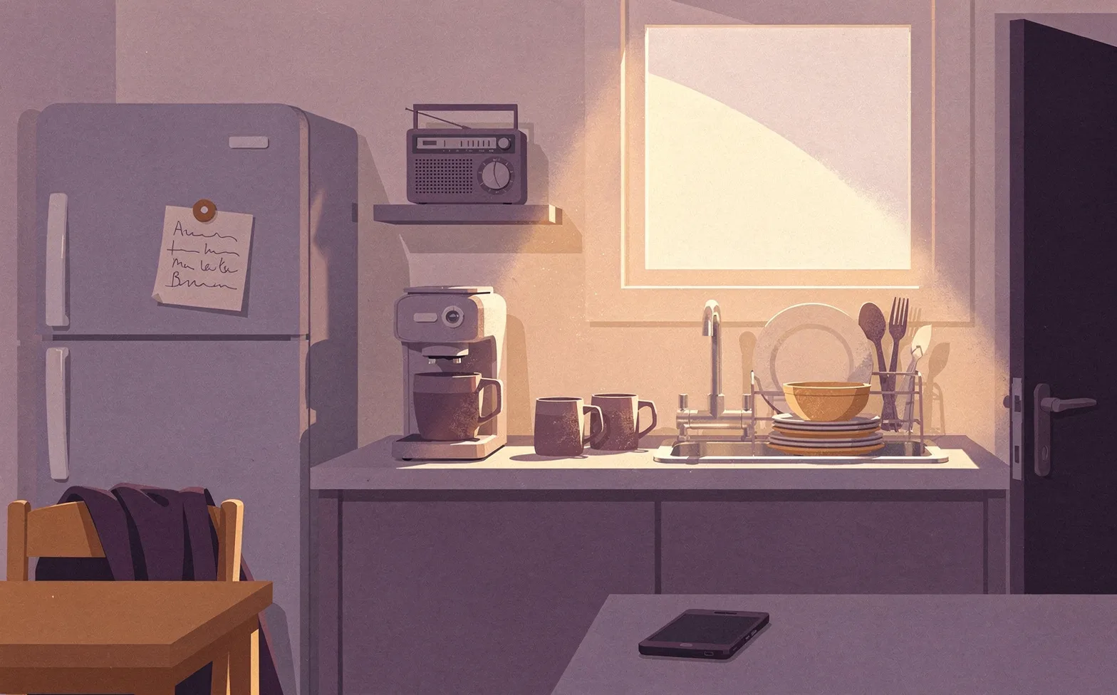 A soft morning kitchen: a note pinned on the fridge, a coffee machine with a full pot, two mugs on the counter, dishes drying by the sink, a phone face down on the table, a jacket over a chair, a small radio on a shelf, and a door standing ajar.