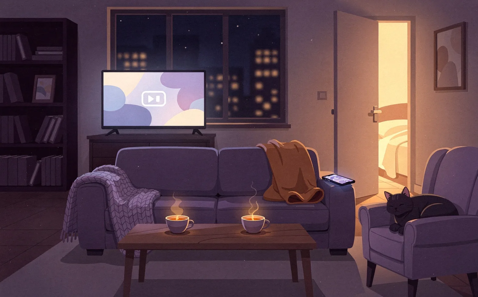 A living room at night: a sofa with two separate blankets at opposite ends, a paused TV, a lit phone on the armrest, two unfinished cups of tea, a bookshelf with a turned photo frame, a sleeping cat on an armchair, city lights in the window, and a bedroom door ajar with warm light.