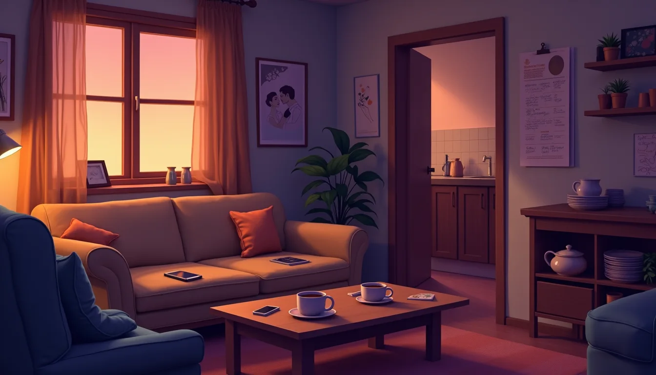 A cozy living room at dusk: a sofa with phones on it, two mugs on a coffee table, a couple portrait, a calendar, a kitchen doorway with dishes, plants, and an armchair.