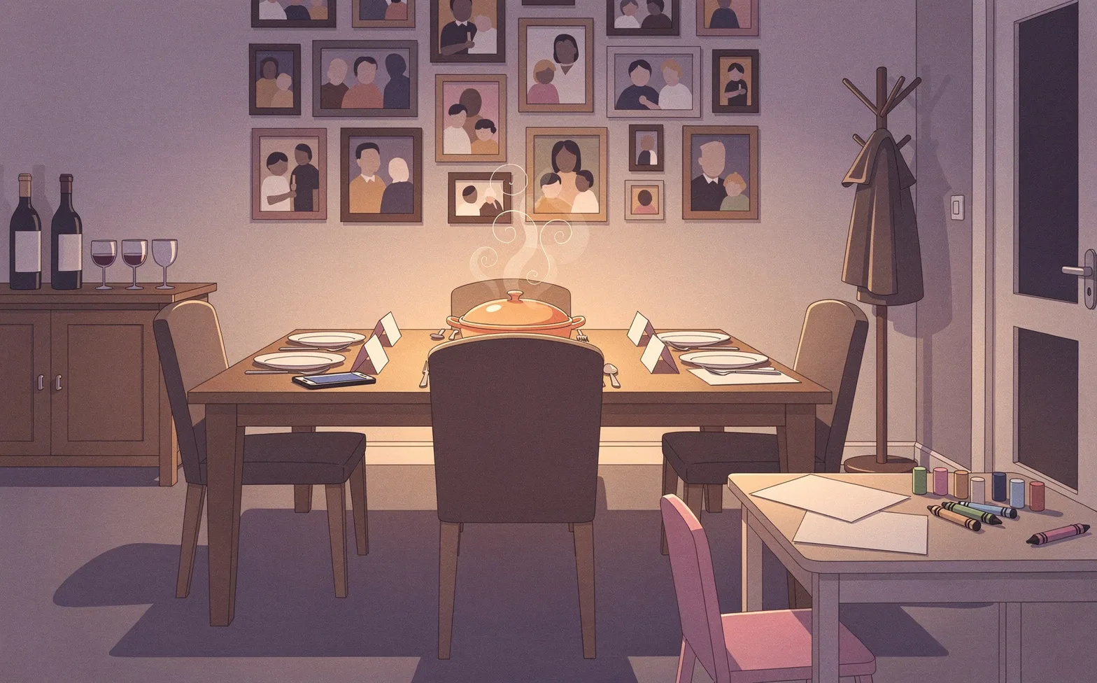 A warm dining room before a family dinner: a long table set with folded name cards, one empty chair facing the viewer, a steaming casserole in the middle, a smartphone lying on the table, wine bottles and glasses on a sideboard, a wall of framed family photos, a small kids table with crayons, and a coat rack by the door with one coat.