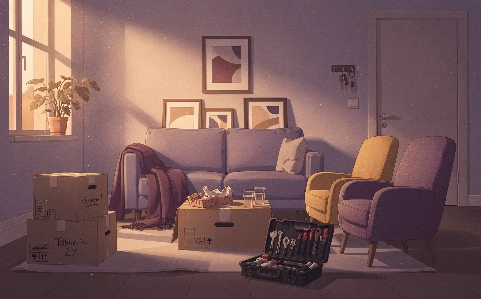A cozy living room on moving day evening: stacked cardboard boxes labeled in two handwriting styles, a sofa with a throw blanket, two mismatched armchairs side by side, a plant on the windowsill, framed pictures leaning against the wall, an open toolbox on the floor, takeaway containers and two glasses on a box used as a table, and keys hanging by the door.