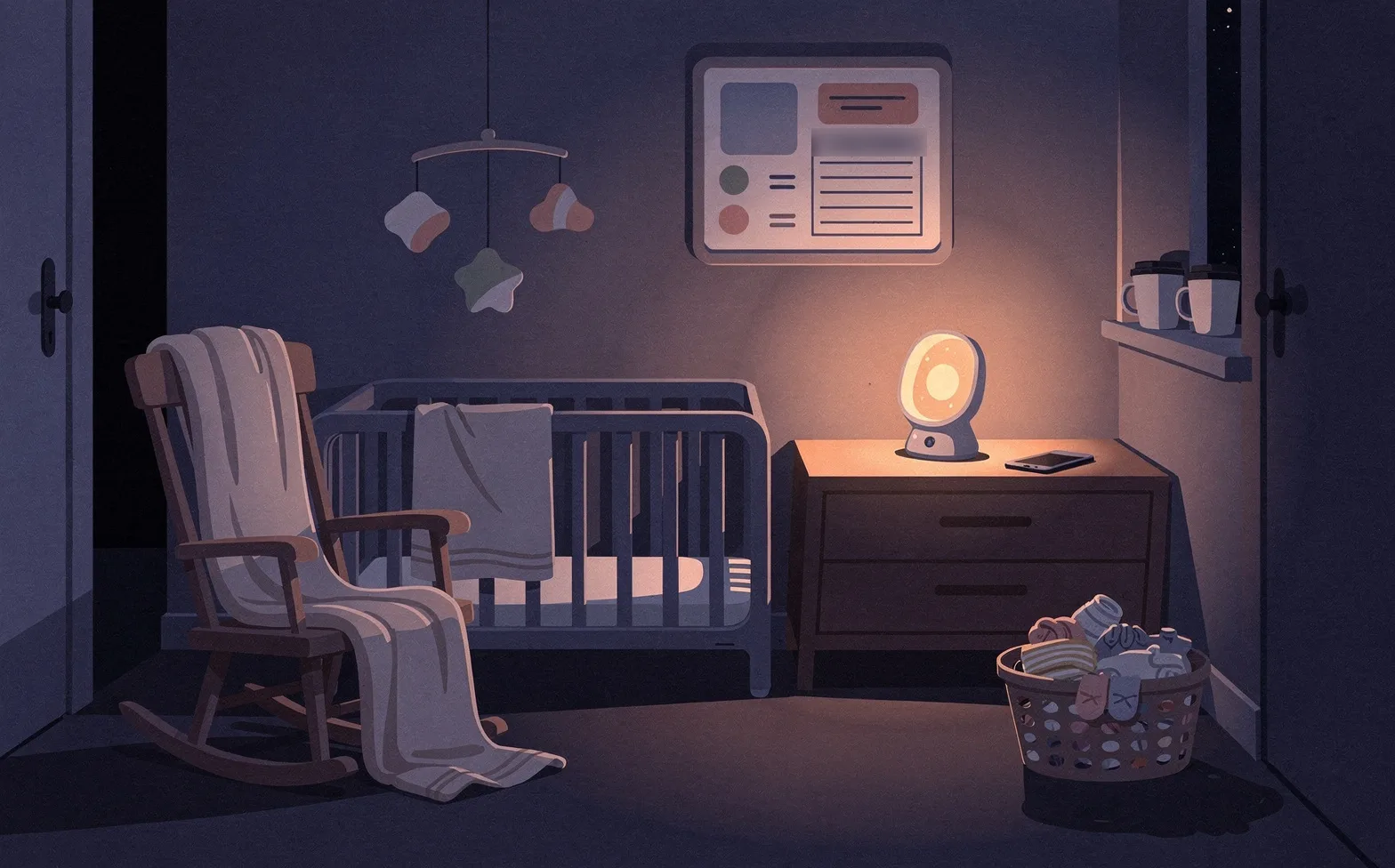 A nursery at 3am lit by one warm lamp: a crib with a mobile, a rocking chair with a blanket, a glowing baby monitor on a dresser, a phone face down beside it, two mugs on the windowsill, a whiteboard with a split schedule on the wall, a laundry basket overflowing with tiny clothes, and a door ajar to a dark hallway.