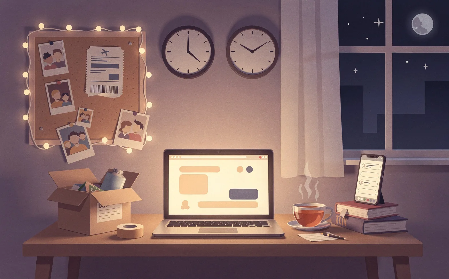 A cozy desk at night set up for a video call: a glowing laptop, two wall clocks showing different times, a half-packed care package with tape, a plane ticket pinned to a corkboard among photos, a cup of tea, a phone propped on books showing a chat thread, fairy lights, and a window onto the night sky.